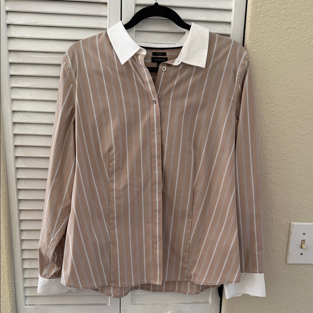 Talbots Taupe Striped Button-Down Shirt with White Collar